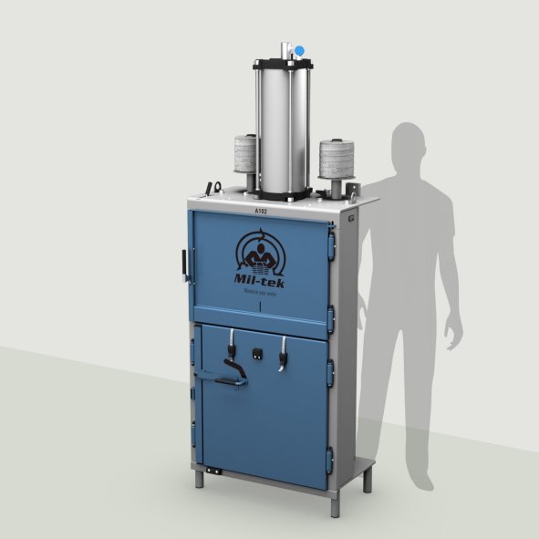 A102-2026-cardboard-plastic-press-blue-machine-greeny-background-IE