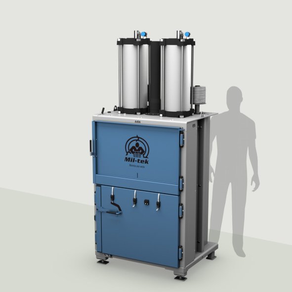 A406-2026-edition - cardboard baler & plastic baler - blue machine - grey background - Mil-tek Ireland